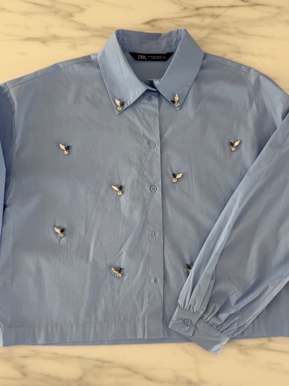 Zara Blue Cropped Shirt with Crystal Bee Embellishments — Size XS